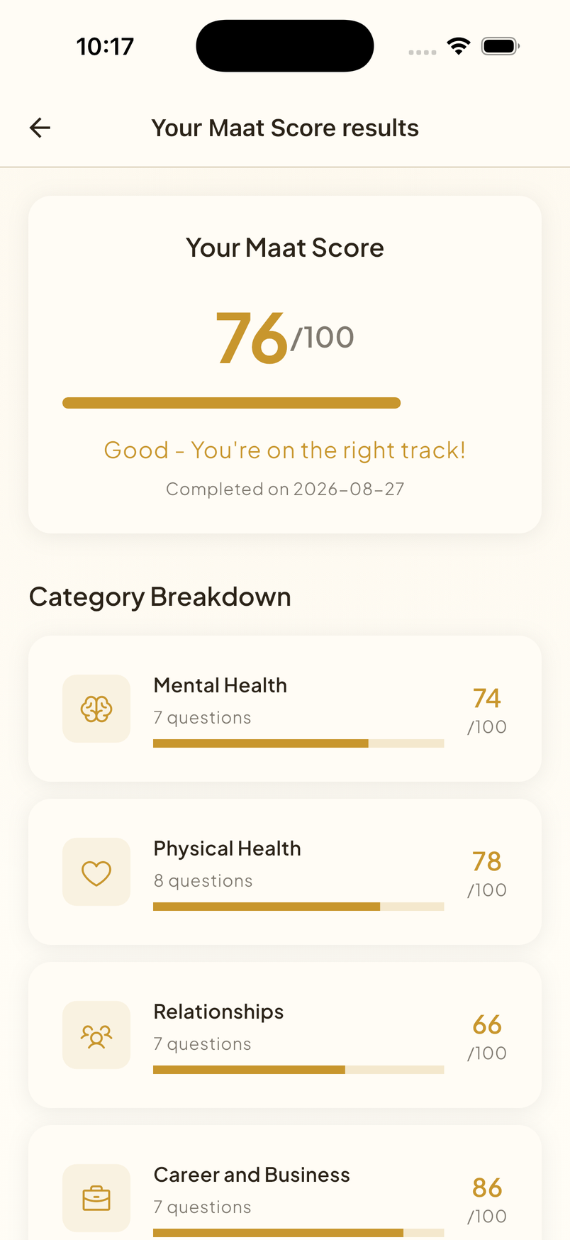 Maat Score breakdown across eight life areas